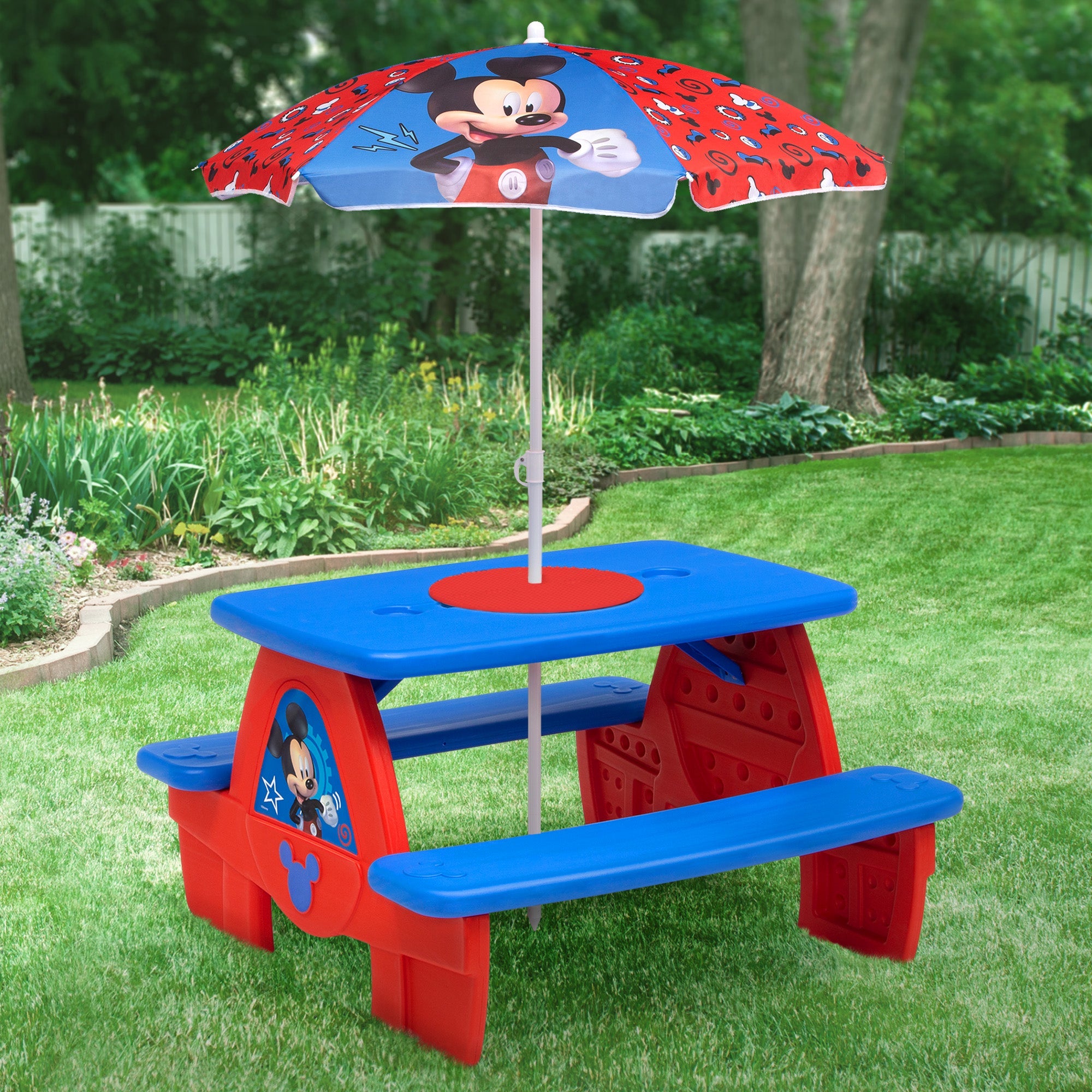 Mickey Mouse 4 Seat Activity Picnic Table with Umbrella and LEGO Compatible Tabletop